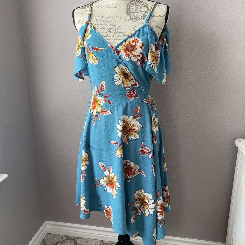 Women’s blue floral, cold shoulder dress, …